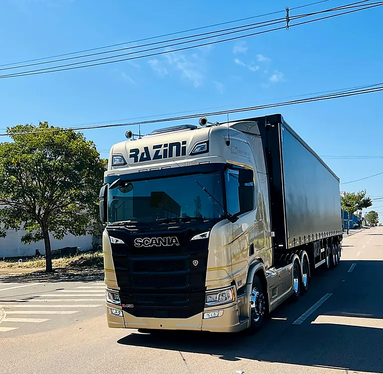 Scania R 450 dourado da Razini engatado a semirreboque, em via urbana
